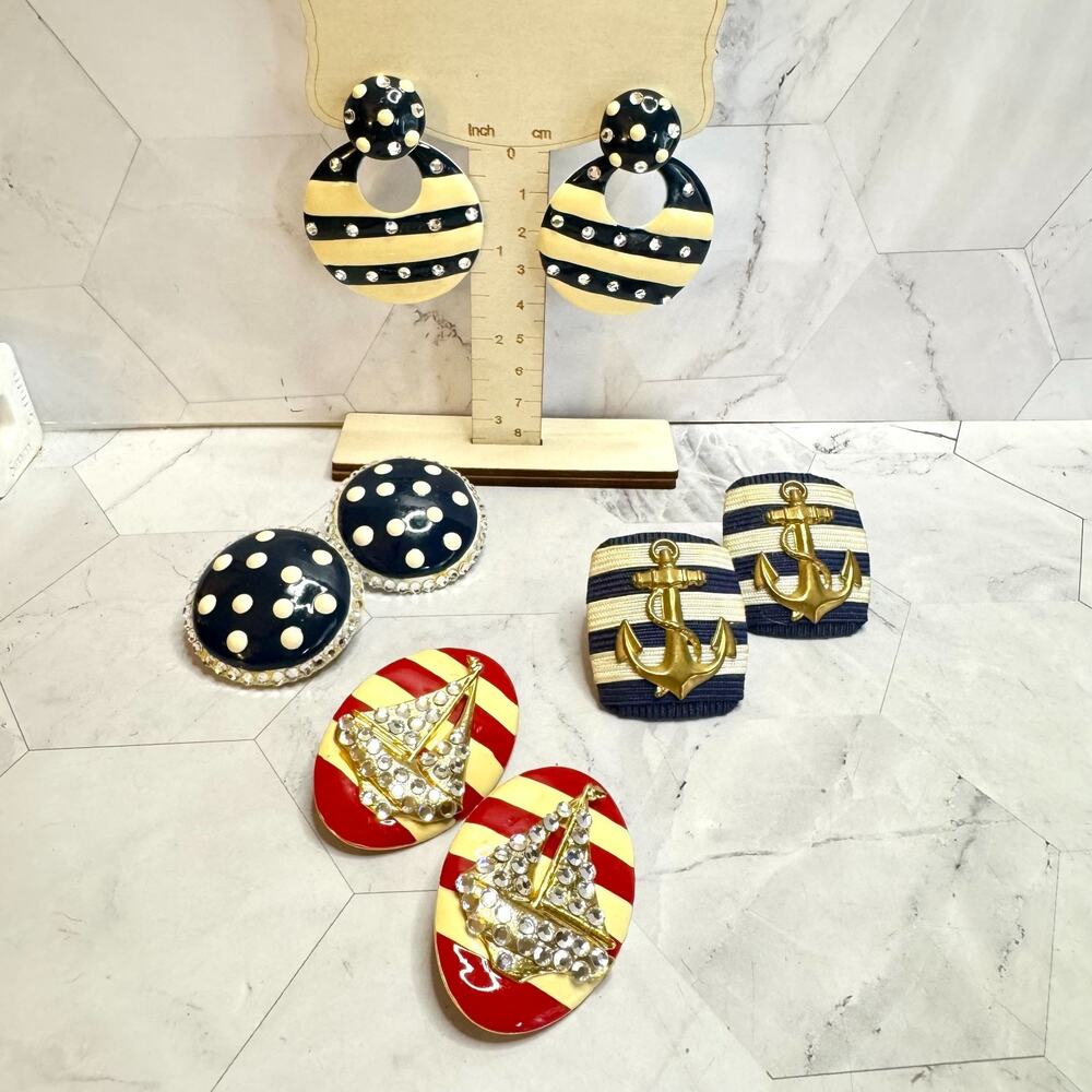 Vintage Nautical Clip On Earrings Sailing Lot of 4 Red White Blue Enamel 1980s